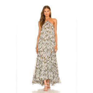 Misa Los Angeles Andromeda Ikat Print Halter Maxi Dress Moss Green, White Size L